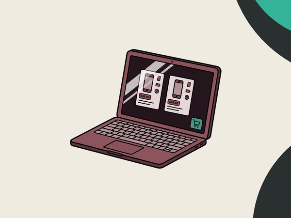Laptop showing e-commerce product comparison cards with pricing
