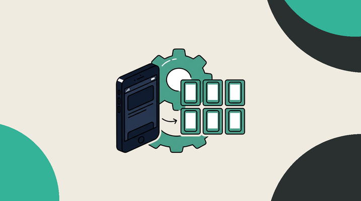 Phone with gear icon syncing to a grid of device cards
