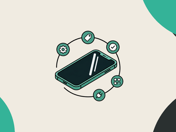 Smartphone surrounded by five feature icons representing device spec use cases