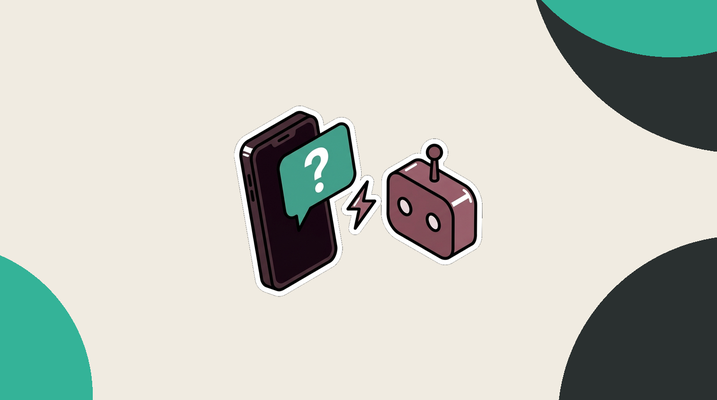 Phone with question mark speech bubble connected to AI robot
