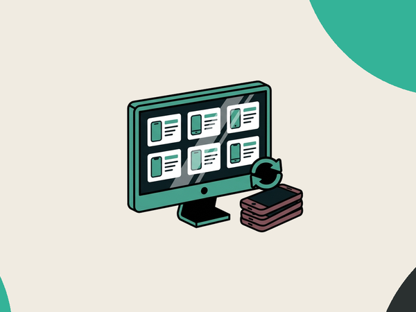 Desktop monitor displaying device catalogue cards with sync arrows and stacked phones