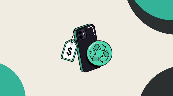 Phone with price tag and recycling symbol for trade-in valuation