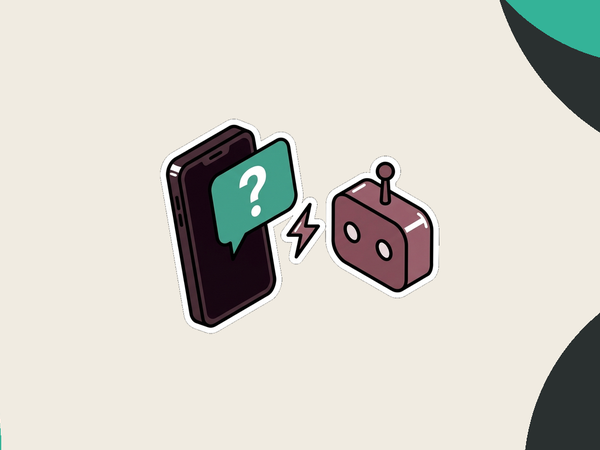 Phone with question mark speech bubble connected to AI robot