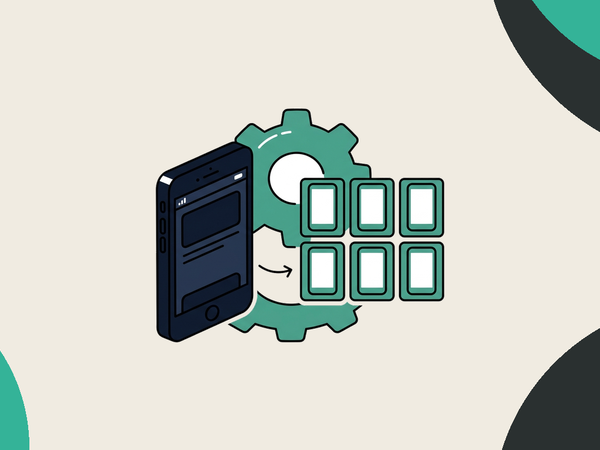 Phone with gear icon syncing to a grid of device cards
