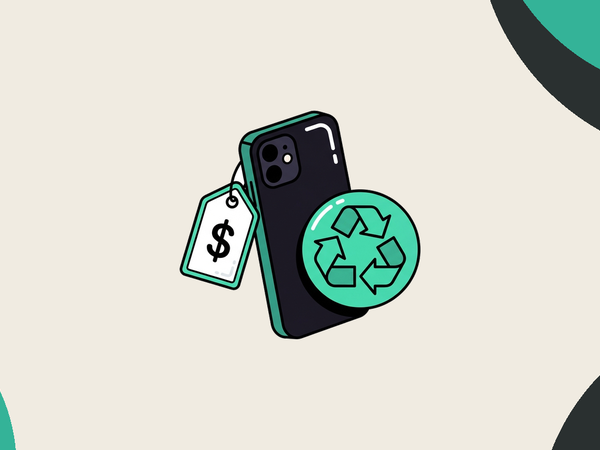 Phone with price tag and recycling symbol for trade-in valuation