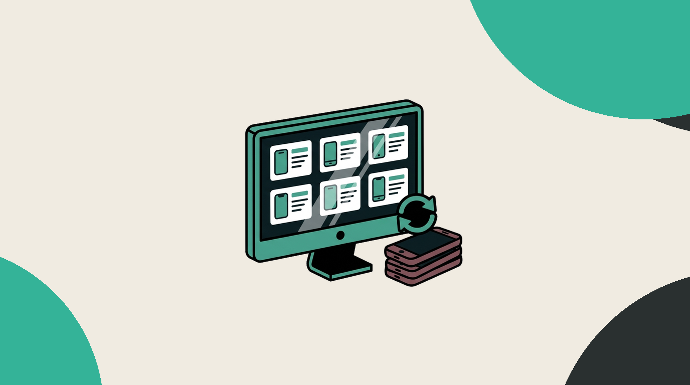 Desktop monitor displaying device catalogue cards with sync arrows and stacked phones